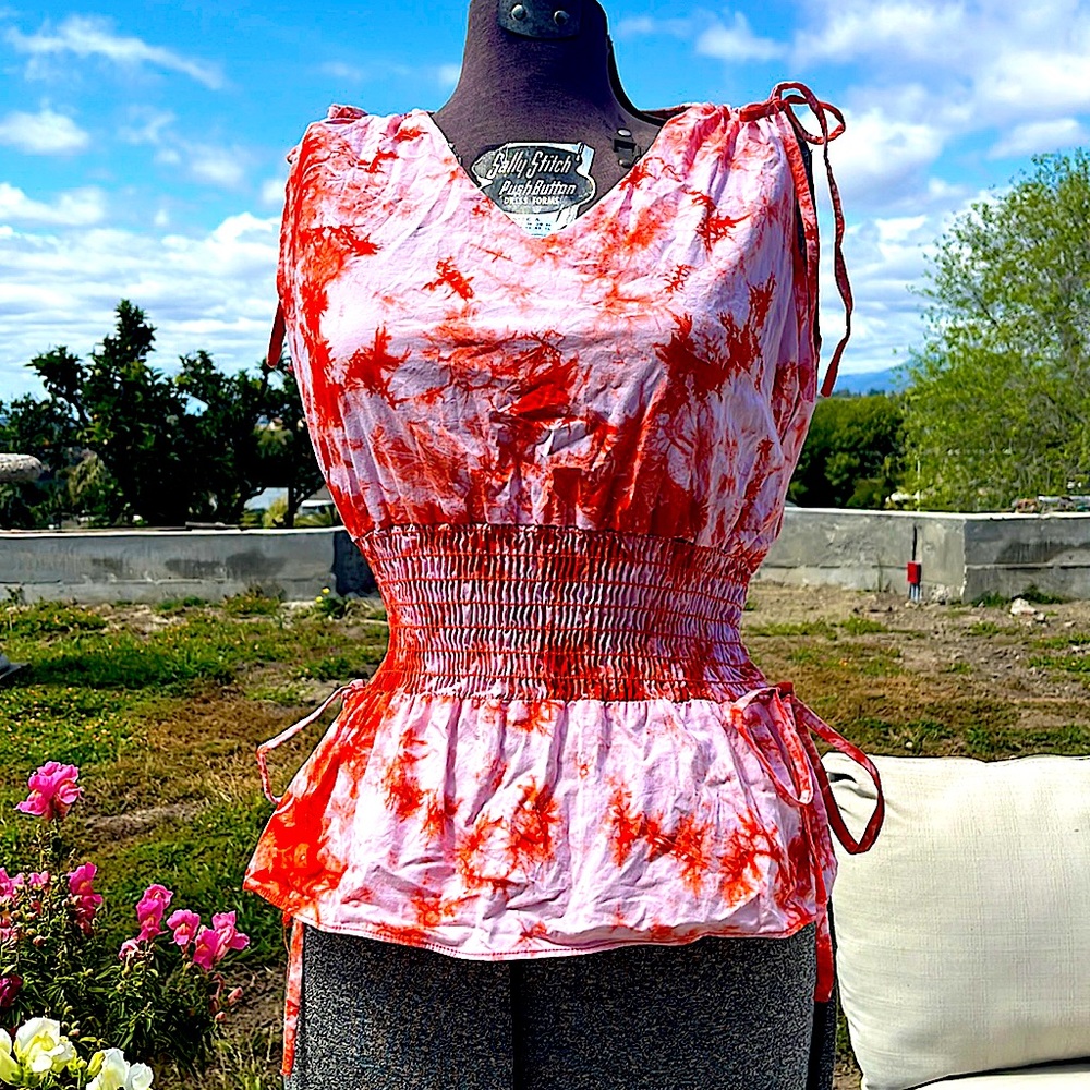 🚫Gifted Friends Hilda top peach & orange tie dye 100% cotton slim seer sucker - Picture 1 of 10